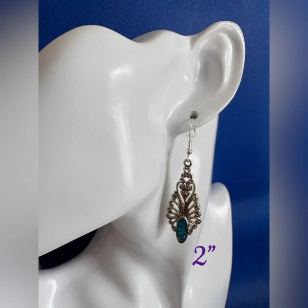 Intricate S925 Vintage Filigree Silver and Blue Marble  Earrings